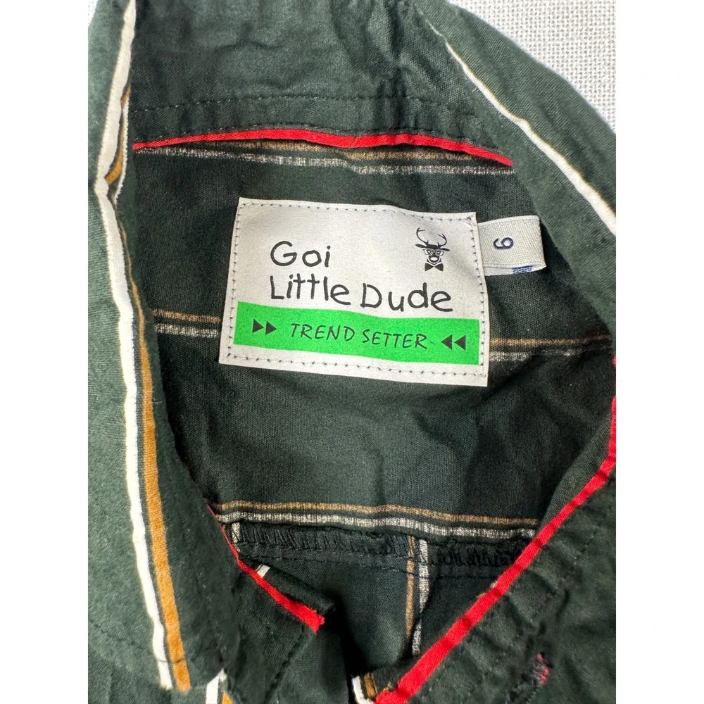 Goi Little Dude Boys Green Striped Roll Tab Sleeve Button Down Shirt Size 6